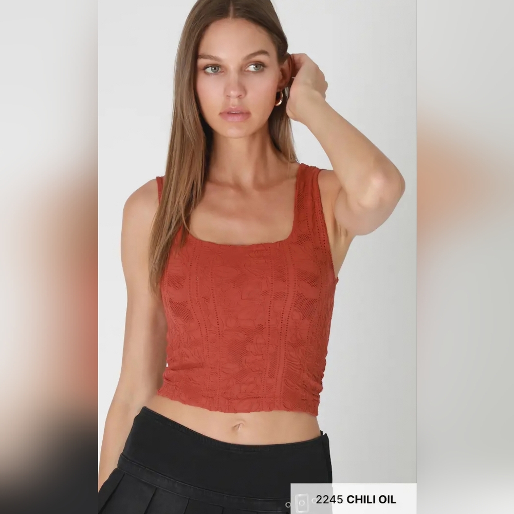 #1383 Nikibiki Double Layered Floral Textured Square Neck Crop Tank-Chili Oil